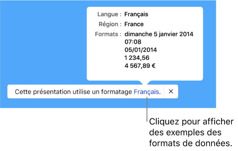 La notification du réglage de langue et de région différent affichant des exemples de la mise en forme correspondant à cette langue et à cette région.