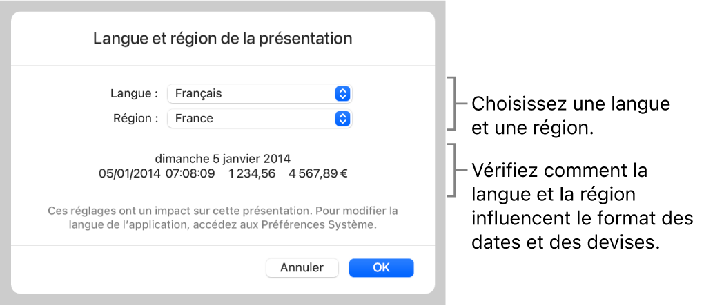 Sous-fenêtre Langue et région avec les commandes pour la langue et la région, et un exemple du format qui comprend la date, l’heure, les décimales et la devise.