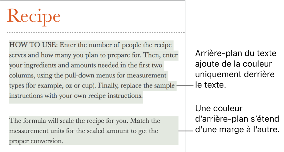 Un paragraphe avec de la couleur uniquement derrière le texte, et un autre avec un arrière-plan coloré allant d’une marge à l’autre pour créer un bloc.