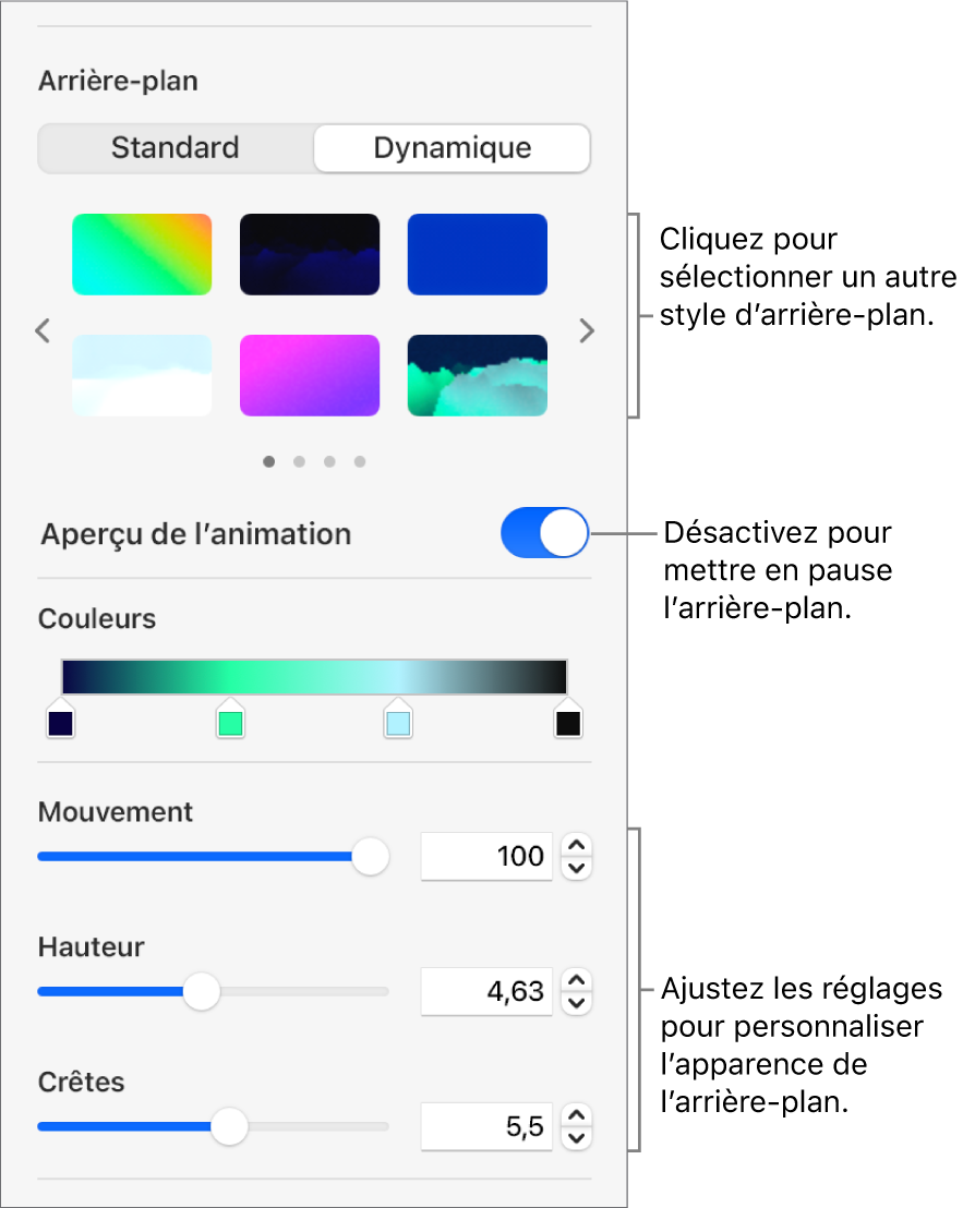 L’utilisateur a sélectionné le bouton Dynamique dans la section Arrière-plan de la barre latérale Format. On y voit les styles d’arrière-plans dynamiques, la commande Aperçu de l’animation et les commandes d’apparence.