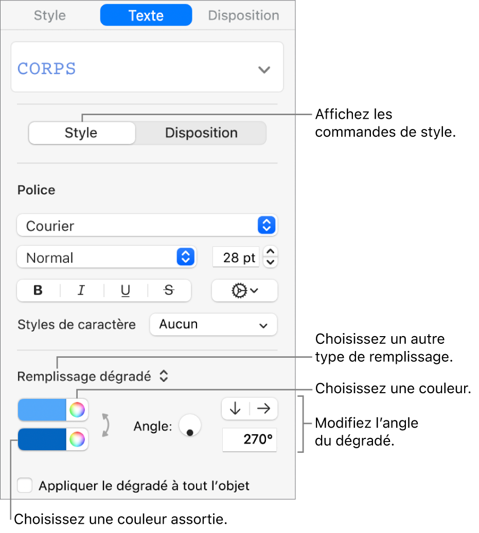 Commandes permettant de choisir des couleurs prédéfinies ou une tout autre couleur.