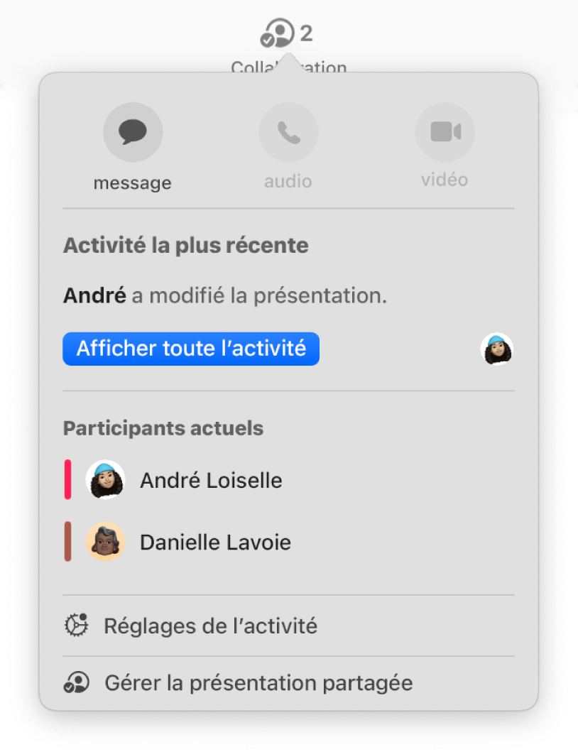 Le menu de collaboration affiche les noms des personnes qui collaborent dans la présentation.