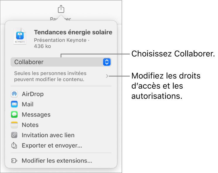 Le menu Partager avec l’option Collaborer sélectionnée dans le haut, au-dessus des réglages d’accès et d’autorisation.