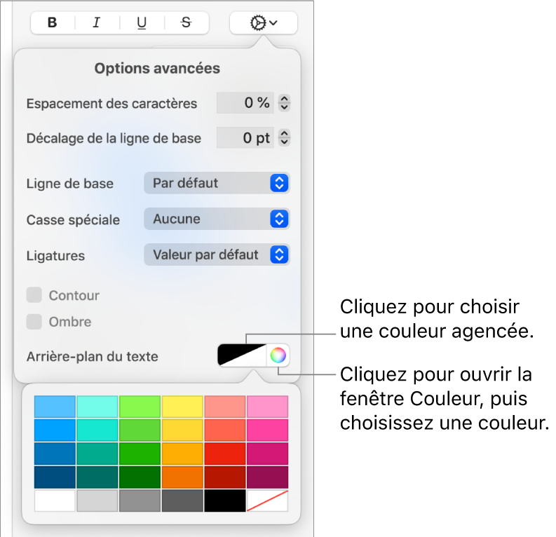 Commandes de sélection d’une couleur d’arrière-plan du texte.