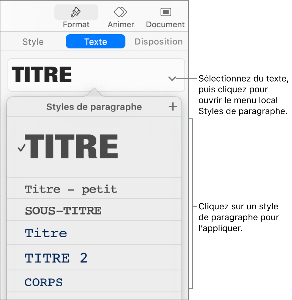 Le menu Styles de paragraphe avec une coche située à côté du style sélectionné.