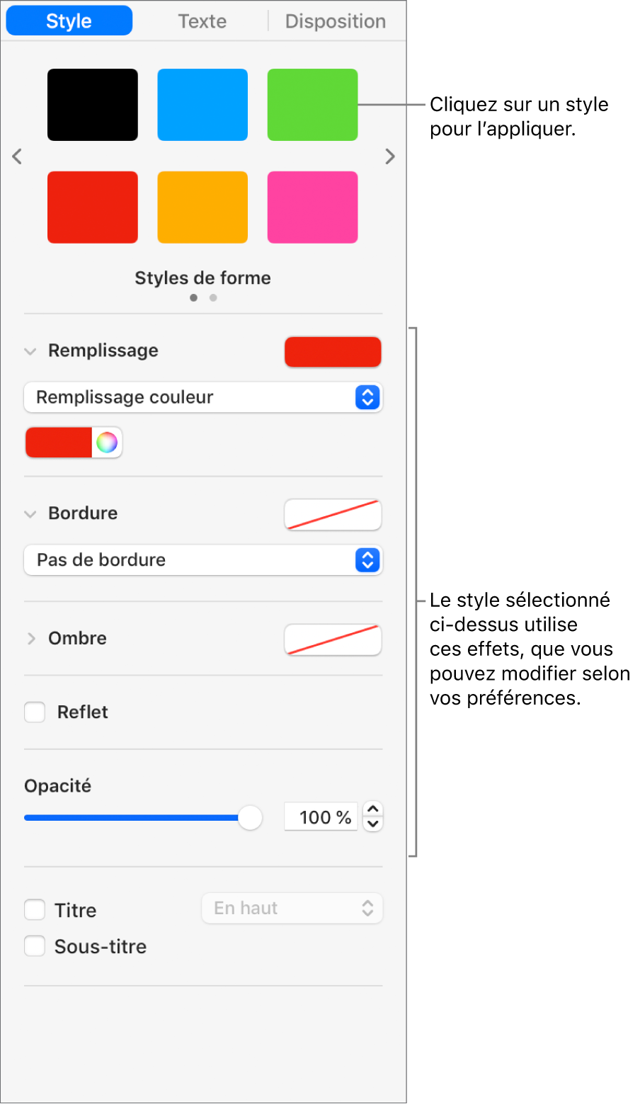 Styles et options de forme de la section Format de la barre latérale.