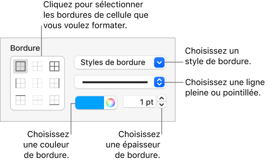 Commandes de la barre latérale permettant de modifier l’aspect des bordures d’une cellule.