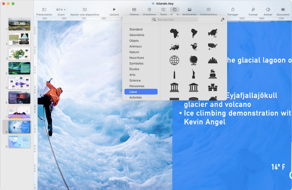 Fenêtre Keynote avec le menu Forme ouvert dans la barre d’outils.