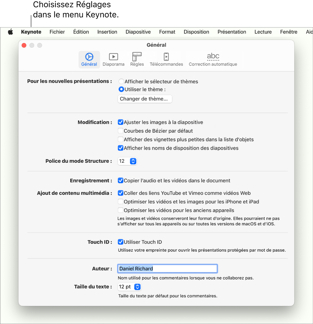La fenêtre des réglages Keynote ouverte, présentant la sous-fenêtre Général.