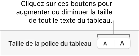 Commandes de la barre latérale permettant de modifier la taille de la police du tableau.
