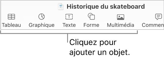 La barre d’outils Keynote, présentant les boutons utilisés pour ajouter un objet à une diapositive.