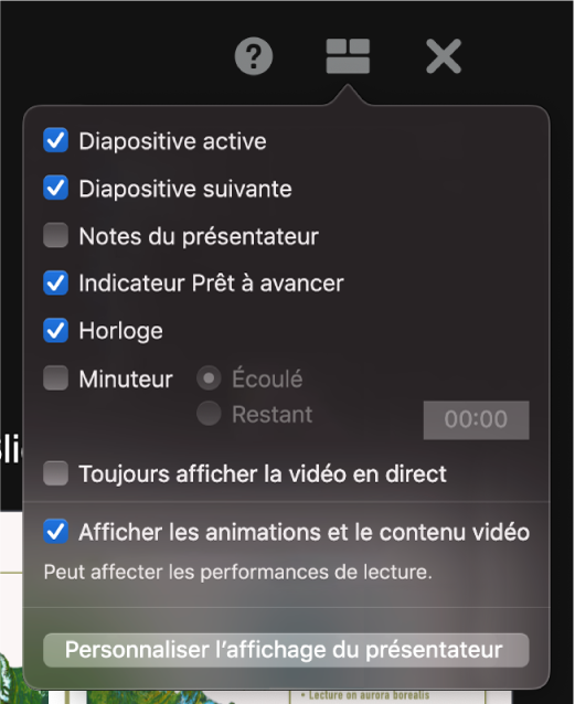 Les options de l’affichage du présentateur, y compris Diapositive actuelle, Diapositive suivante, Notes du présentateur, Indicateur Prêt à avancer, Horloge et Minuteur. Le minuteur propose des options supplémentaires permettant d’afficher le temps passé et le temps restant.