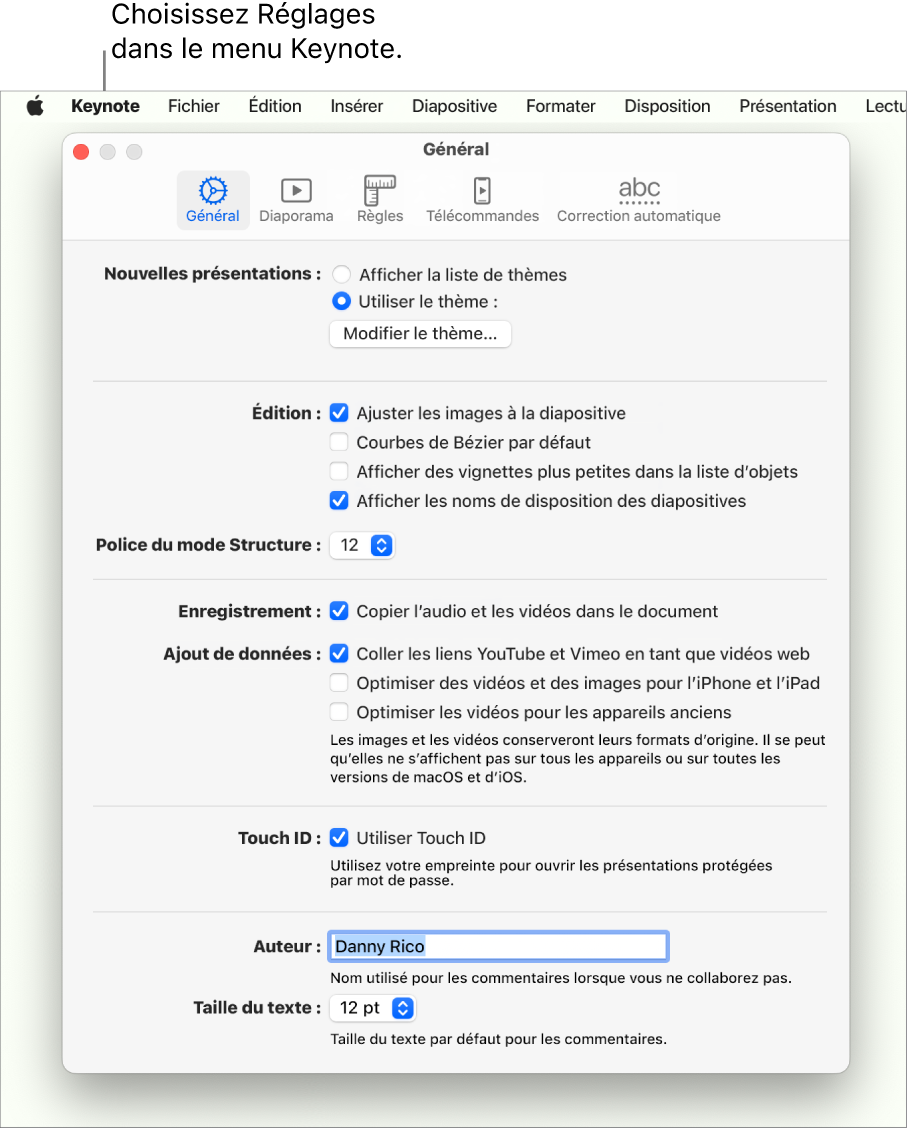 La fenêtre des réglages Keynote ouverte, présentant la sous-fenêtre Général.