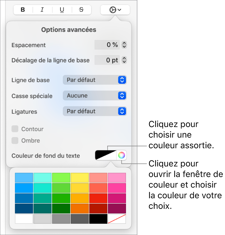 Commandes de sélection d’une couleur d’arrière-plan pour le texte.