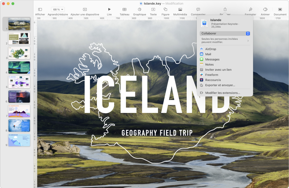 La fenêtre de Keynote avec le menu Partager ouvert dans la barre d’outils.
