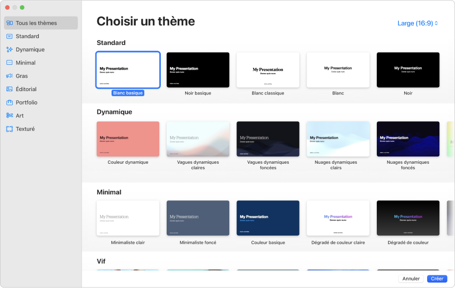 La liste de thèmes. La barre latérale située à gauche présente des catégories de thèmes sur lesquelles vous pouvez cliquer pour filtrer les options. Vous trouverez à droite les vignettes des thèmes prédéfinis disposées en rangs par catégorie, en commençant par Basique en haut, puis Dynamique, Minimal et Vif. Les boutons Annuler et Créer se trouvent dans le coin inférieur droit.