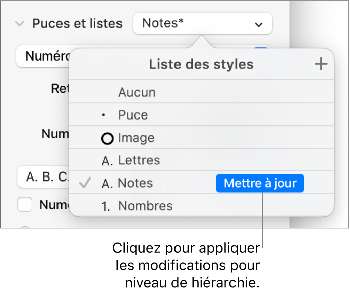 Menu local « Styles de liste » avec un bouton « Mettre à jour » en regard du nom du nouveau style.