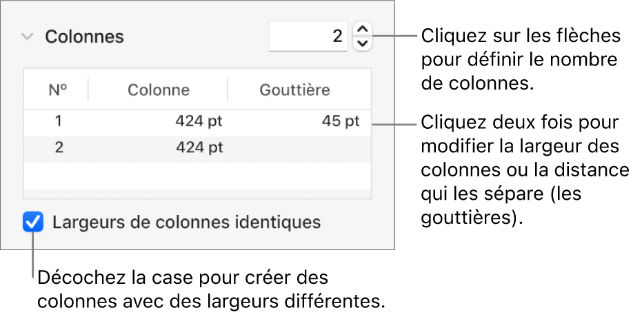 Commandes de la section Colonnes permettant de modifier le nombre de colonnes et leurs largeurs.