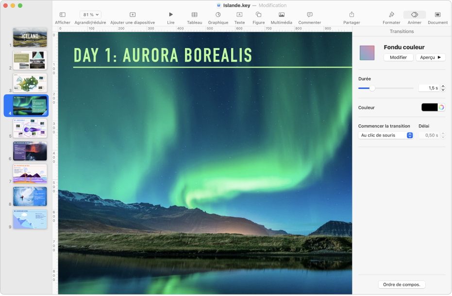 La fenêtre Keynote avec une diapositive sélectionnée dans le navigateur de diapositives sur le côté gauche de l’écran. Les commandes Transitions s’affichent dans la barre latérale Animer qui est ouverte sur le côté droit de l’écran.