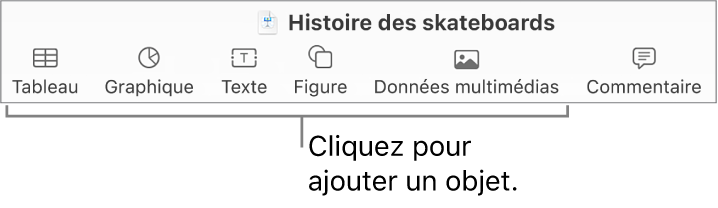 La barre d’outils Keynote avec les boutons Tableau, Graphique, Texte, Figure et Données multimédias.