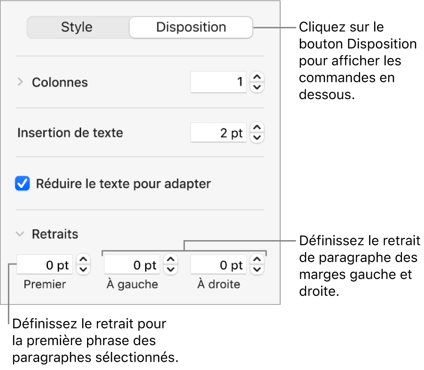 La section Disposition de la barre latérale Format, présentant les commandes définissant le retrait de première ligne et les marges de paragraphe.