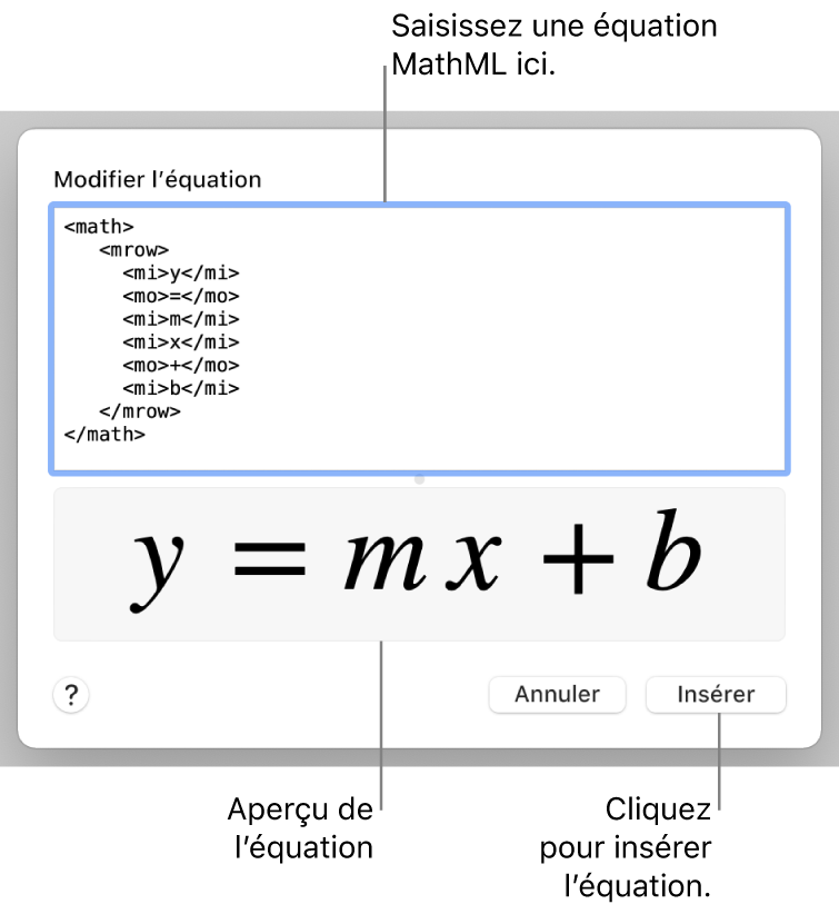 Équation de la pente d’une droite dans le champ Modifier l’équation et aperçu de la formule en dessous.