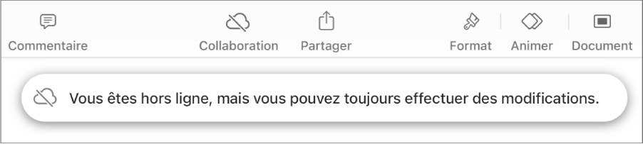 Les boutons en haut de l’écran, avec le bouton Collaboration remplacé par un nuage barré d’une ligne diagonale. Une alerte à l’écran indique « Vous êtes hors ligne, mais vous pouvez toujours effectuer des modifications ».