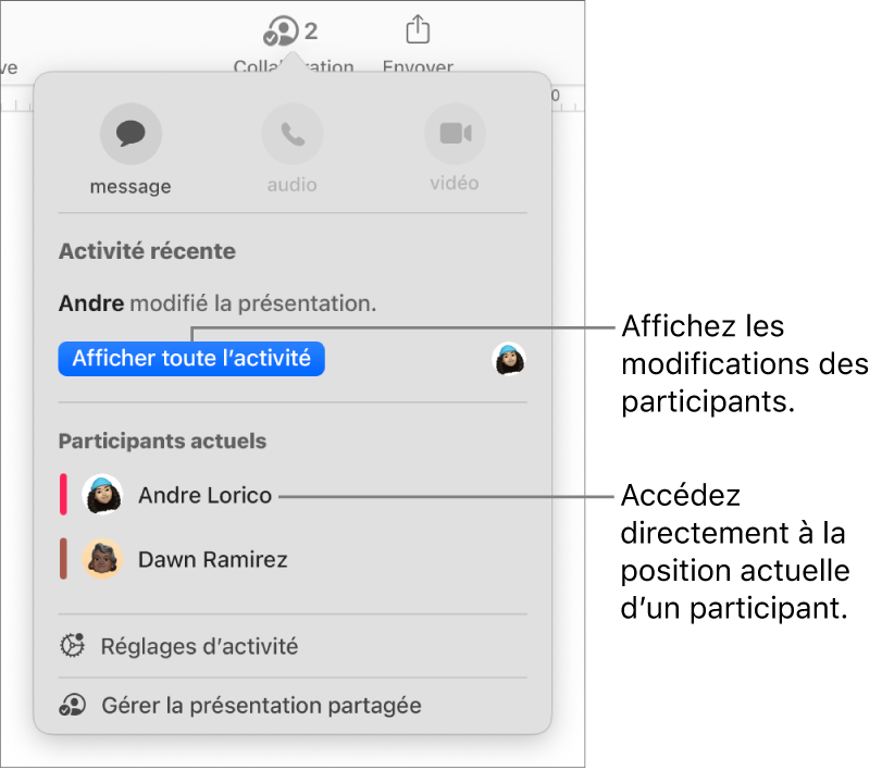 Le menu de collaboration comptant deux participants actifs.