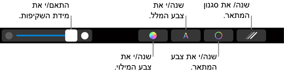 ב‑MacBook Pro, ה‑Touch Bar מציג כלי בקרה לשינוי מידת האטימות של צורה, שינוי צבע המילוי, שינוי צבע המלל, שינוי צבע המתאר ושינוי סגנון המתאר.