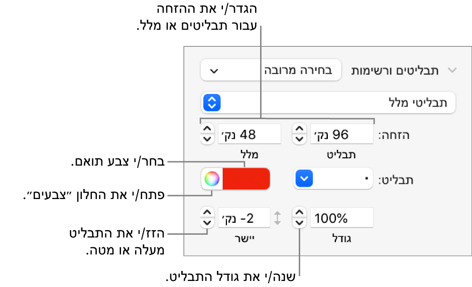 המקטע ״כדורים ורשימות״ עם הסברים לגבי הפקדים של הזחת כדור ומלל, צבע כדור, גודל כדור ויישור.