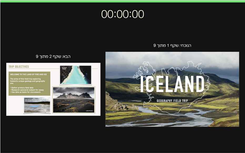תצוגת המציג/ה פתוחה בחלון של Keynote. השקף הנוכחי מופיע בצד ימין והשקף הבא בצד שמאל. שעון הספירה לאחור של המצגת מופיעה בראש המסך.