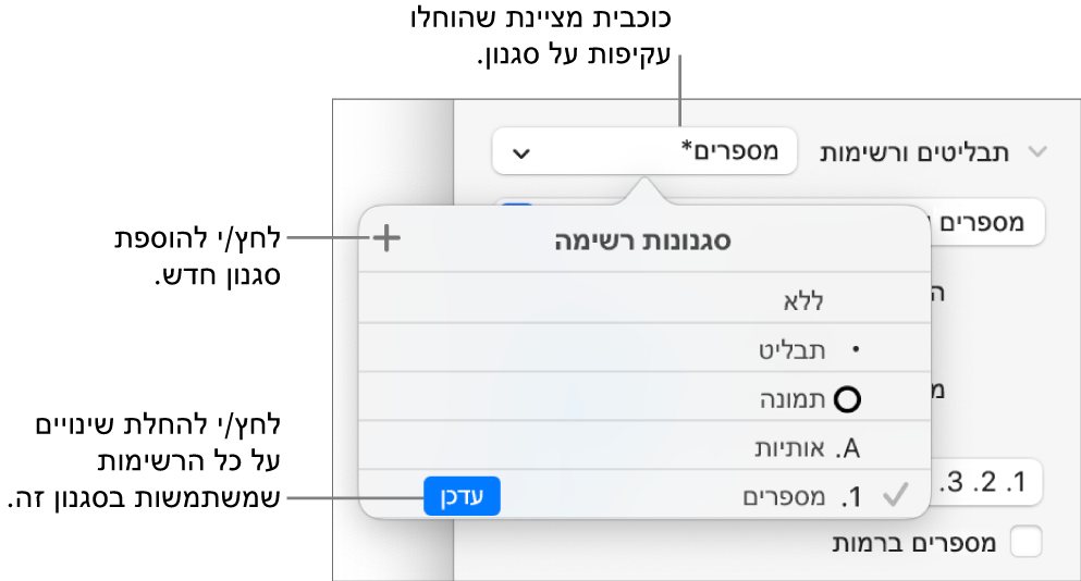 התפריט הקופצני ״סגנונות רשימה״ עם כוכבית המציינת החלפה, הסבר לכפתור ״סגנון חדש״ ותפריט משנה עם אפשרויות לניהול סגנונות.