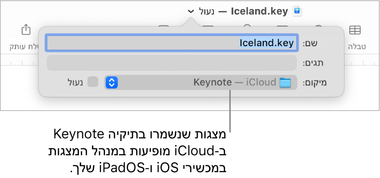 תיבת הדו-שיח ״שמירה״ של מצגת עם הכיתוב Keynote—iCloud בתפריט הקופצני ״היכן״.