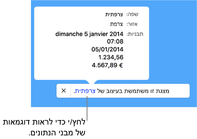 ההודעה לגבי הגדרת השפה והעיצוב השונים, עם דוגמאות של העיצוב בשפה זו ובאזור זה.