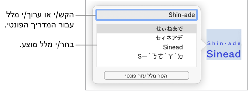 המדריך הפונטי פתוח עבור מילה, עם הסברים לגבי שדה המלל והמלל המוצע.