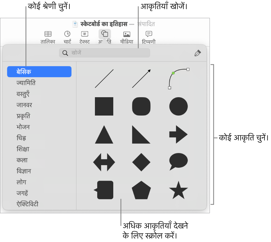 बाईं ओर सूचीबद्ध श्रेणियाँ और दाईं ओर प्रदर्शित आकृतियों के साथ आकृतियाँ लाइब्रेरी। आप आकृति ढूँढने के लिए शीर्ष पर स्थित "खोजें" फ़ील्ड का उपयोग कर सकते हैं और अधिक देखने के लिए स्क्रोल कर सकते हैं।