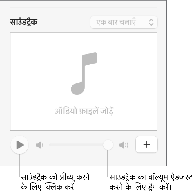 साउंडट्रैक नियंत्रण, जिनमें “चलाएँ” बटन और वॉल्यूम स्लाइडर को कॉल आउट किया गया है।