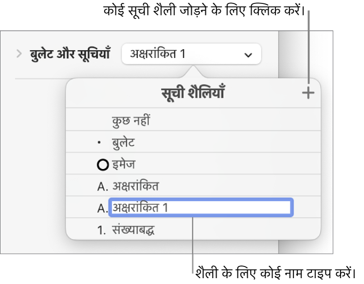 शीर्ष-दाएँ कोने में “जोड़ें” बटन के साथ “सूची शैली” मेनू और अपने चुने गए टेक्स्ट के साथ एक प्लेसहोल्डर शैली नाम।