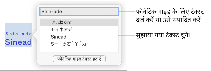 फ़ोनेटिक गाइड किसी शब्द के लिए टेक्स्ट फ़ील्ड के कॉलआउट और सुझाए गए टेक्स्ट के साथ खुलती है।