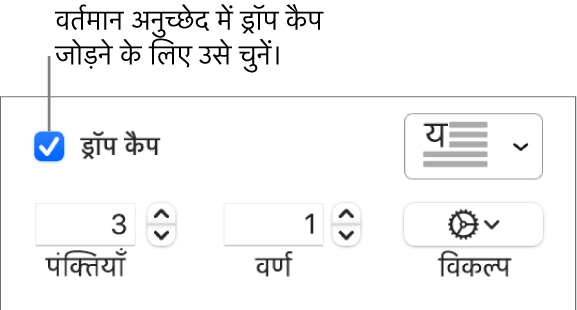 ड्रॉप कैप चेकबॉक्स चुना जाता है, और उसके दाईं ओर पॉप-अप मेनू दिखाई देता है; पंक्ति ऊँचाई, वर्णों की संख्या के नियंत्रण और अन्य विकल्प उसके नीचे दिखाई देते हैं।