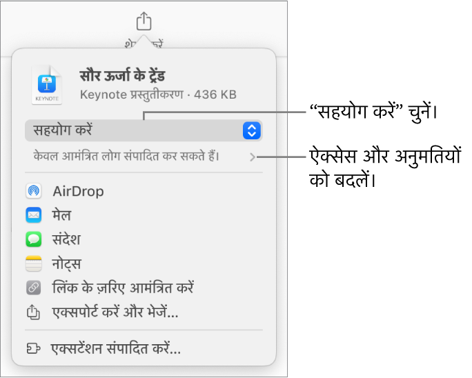 “शेयर करें” मेनू और शीर्ष पर “सहयोग करें” तथा नीचे ऐक्सेस और अनुमतियाँ चुनी हुई हैं।