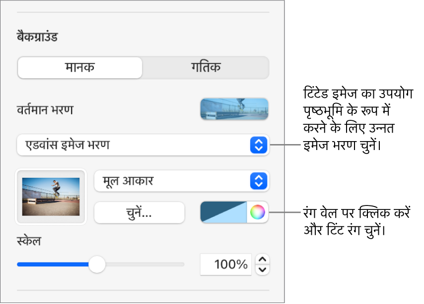 बैकग्राउंड नियंत्रण, जिनमें टिंट किए गए एडवांस इमेज भरण को स्लाइड बैकग्राउंड के रूप में सेट किया गया है।