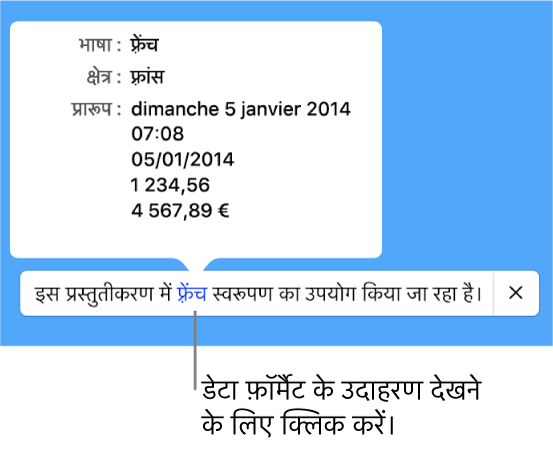 अलग भाषा और क्षेत्र सेटिंग संबंधी सूचना, जो उस भाषा और क्षेत्र के फ़ॉर्मैटिंग से जुड़े उदाहरण दर्शाती है।