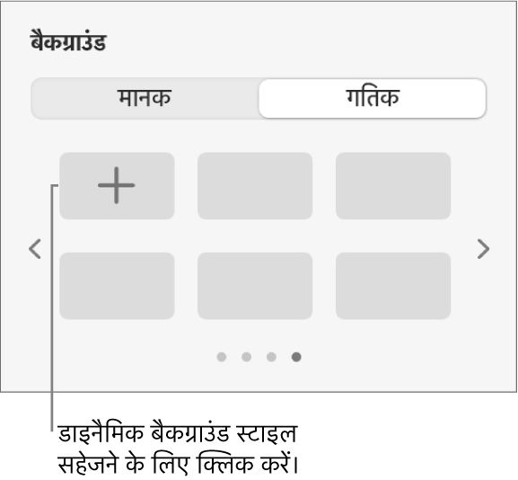 फ़ॉर्मैट साइडबार के बैकग्राउंड सेक्शन में डायनैमिक बटन चुना गया है और “शैली जोड़ें” बटन प्रदर्शित किया गया है।