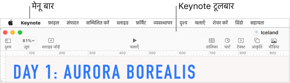 Apple, Keynote, “फ़ाइल”, “संपादित करें”, “डालें”, “फ़ॉर्मैट करें”, “व्यवस्थित करें”, “दृश्य”, “चलाएँ”, “शेयर करें”, “विंडो” और “सहायता” मेनू के साथ स्क्रीन के शीर्ष पर मेनू बार। मेनू बार के नीचे एक खुला हुआ Keynote प्रस्तुतीकरण होता है जिसमें शीर्ष पर “दृश्य”, “ज़ूम करें”, “स्लाइड जोड़ें”, “चलाएँ”, “टेबल”, “चार्ट”, “टेक्स्ट”, “आकृति” और “मीडिया” के लिए टूलबार बटन होते हैं।