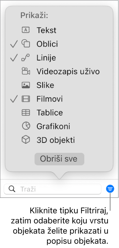 Otvoreni skočni izbornik Filtriraj s popisom vrsta objekata koje popis može sadržavati (tekst, oblici, linije, slike, filmovi, tablice i grafikoni).