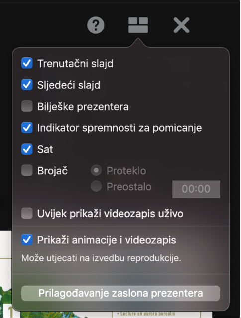 Opcije zaslona prezentera, uključujući Trenutni slajd, Sljedeći slajd, Bilješke prezentera, Indikator spremnosti za prijelaz na sljedeću stavku, Sat i Brojač. Brojač ima dodatne opcije za prikaz proteklog vremena ili preostalog vremena.