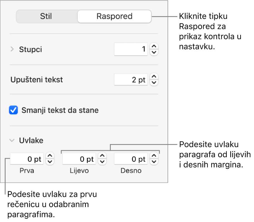 Odjeljak Raspored u rubnom stupcu Formatiraj s prikazom kontrola za podešavanje uvlake prvog retka i margina paragrafa.