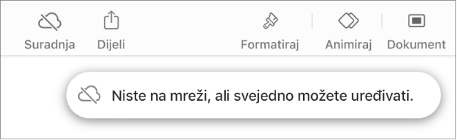 Tipke pri vrhu zaslona, s tipkom Suradnja koja se promijenila u oblak s dijagonalnom linijom kroz njega. U upozorenju na zaslonu piše “Niste na mreži, ali još uvijek možete uređivati.”