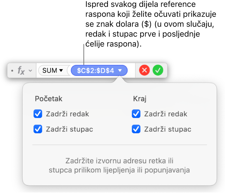 Urednik formula prikazuje odabrane opcije Zadrži redak i Zadrži stupac za određeni raspon.